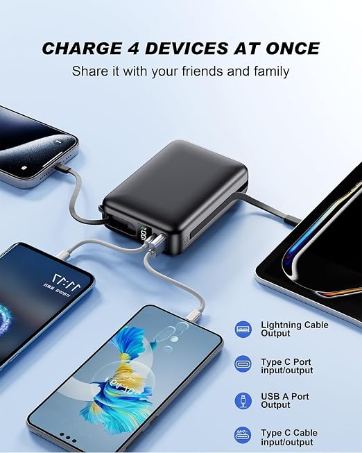10,000mAh power bank supporting 1.5-hour fast charging; suitable for home backup, outdoor emergencies, and camping.