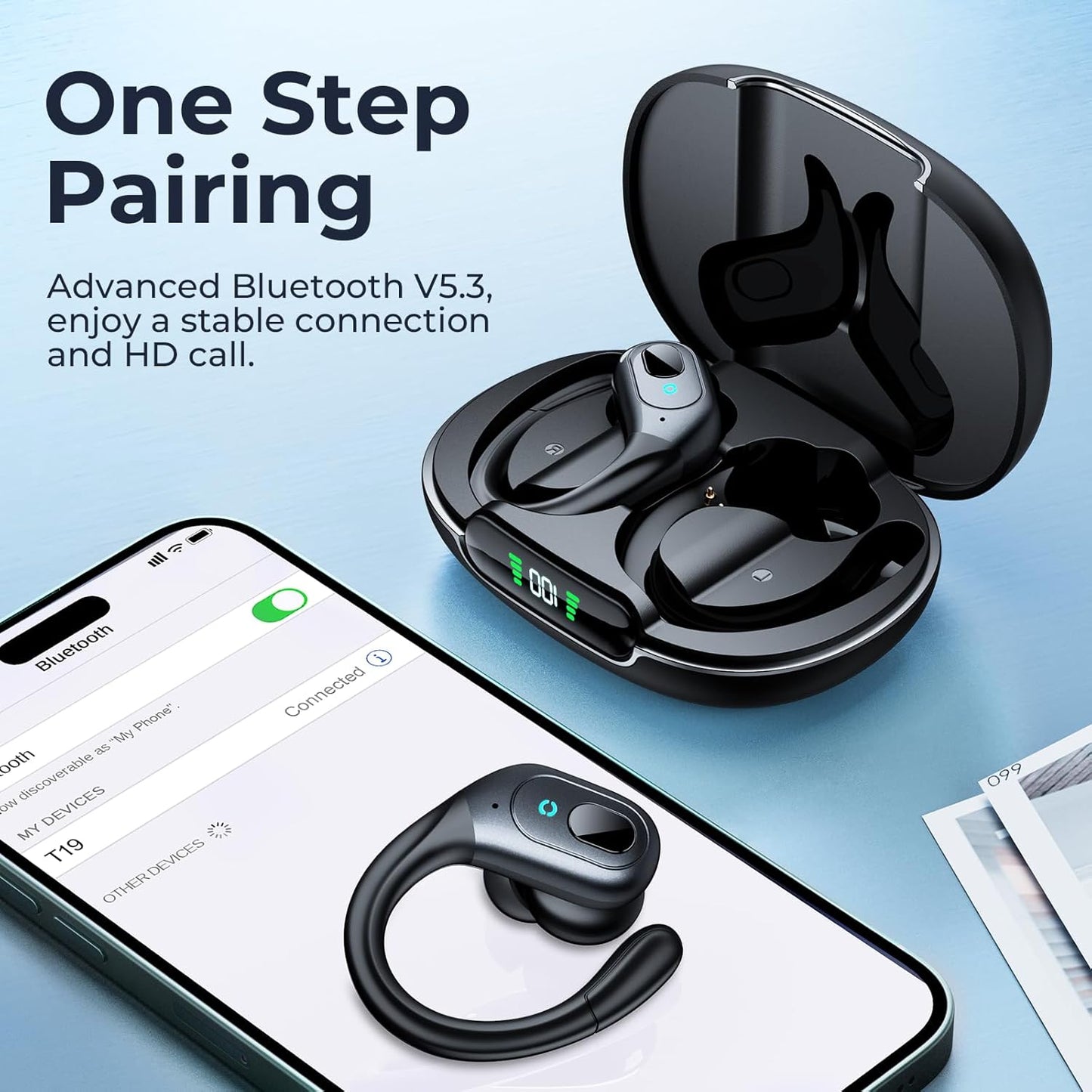 occiam Active Noise Cancelling Ear Buds Wireless Earbuds Bluetooth Headphones with 90Hrs Playback Stereo Bass Over-Ear Hooks IPX7 Waterproof Earphones for Sports Gym Running Workout Black