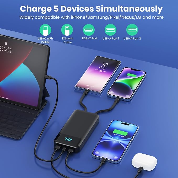 10,000mAh power bank supporting 1.5-hour fast charging; suitable for home backup, outdoor emergencies, and camping.
