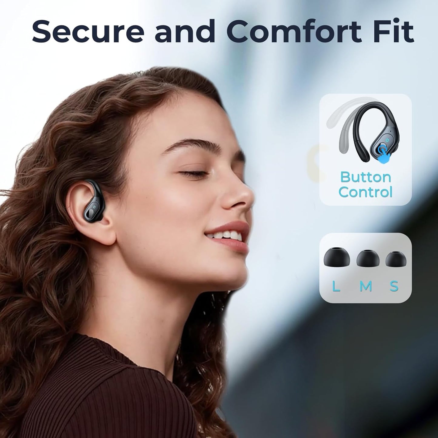 occiam Active Noise Cancelling Ear Buds Wireless Earbuds Bluetooth Headphones with 90Hrs Playback Stereo Bass Over-Ear Hooks IPX7 Waterproof Earphones for Sports Gym Running Workout Black