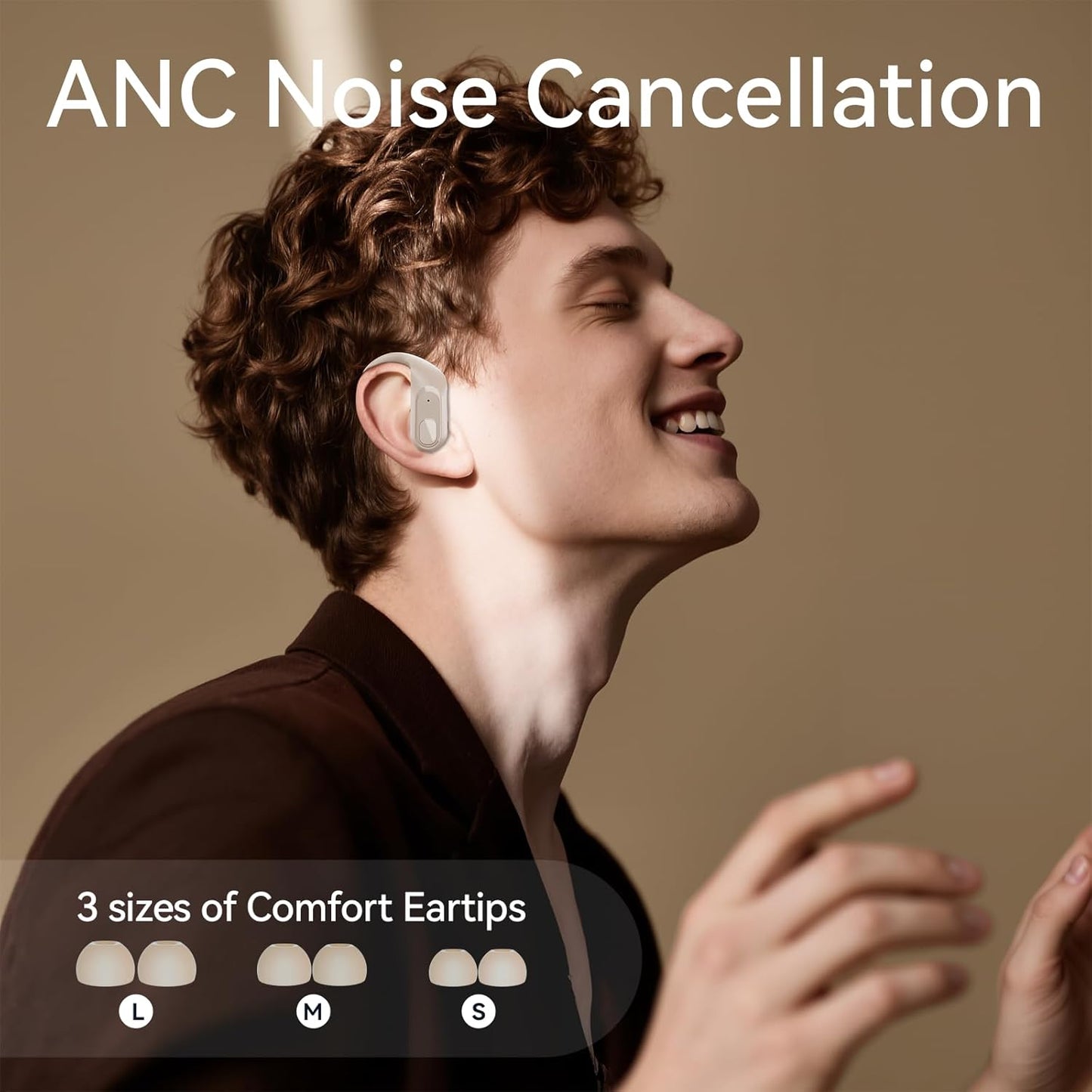 occiam Active Noise Cancelling Headphones Wireless Earbuds Bluetooth Ear Buds 96Hrs Playback HD Call Over-Ear Waterproof Earphones with Earhooks Microphones for Sport/Running/Workout Ivory