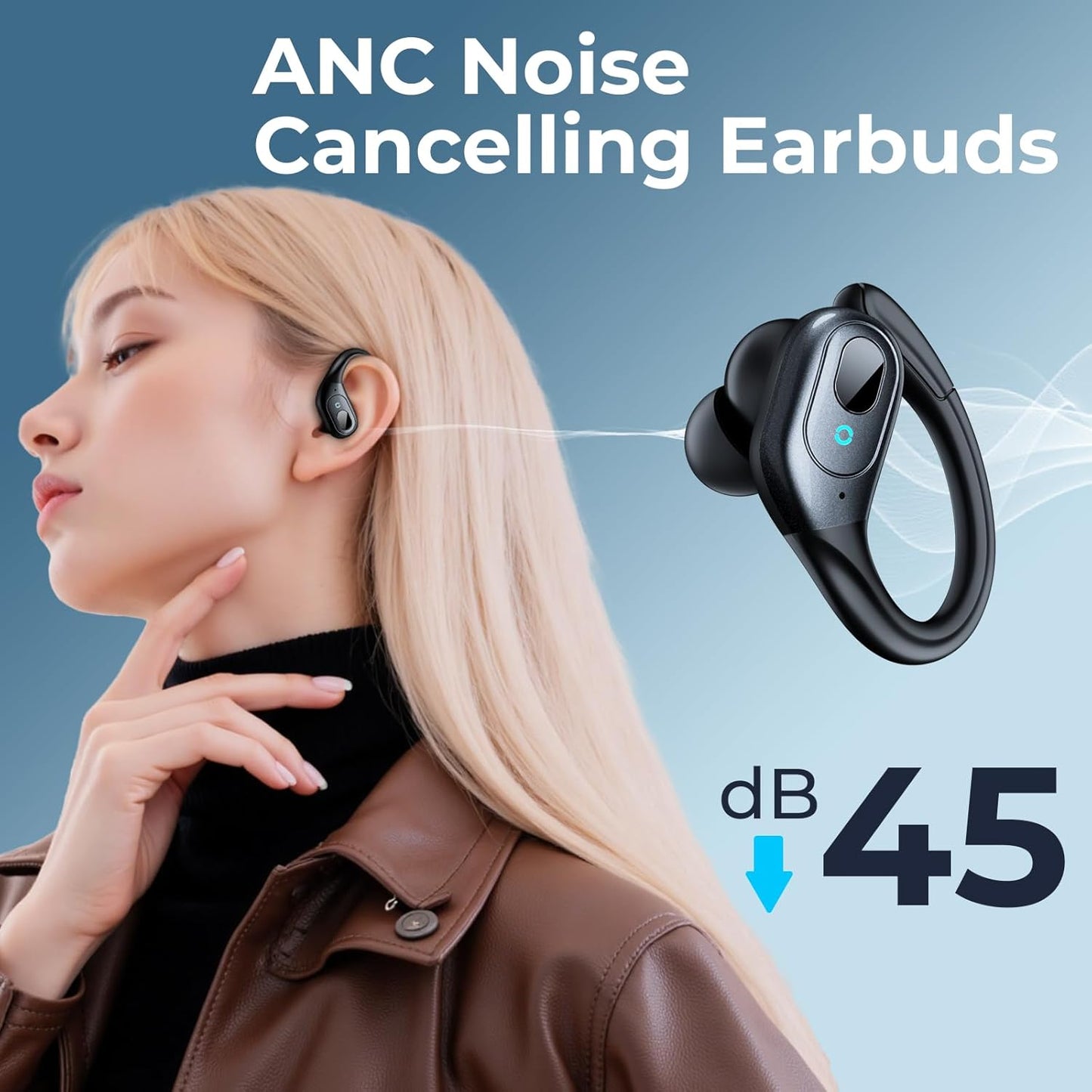 occiam Active Noise Cancelling Ear Buds Wireless Earbuds Bluetooth Headphones with 90Hrs Playback Stereo Bass Over-Ear Hooks IPX7 Waterproof Earphones for Sports Gym Running Workout Black