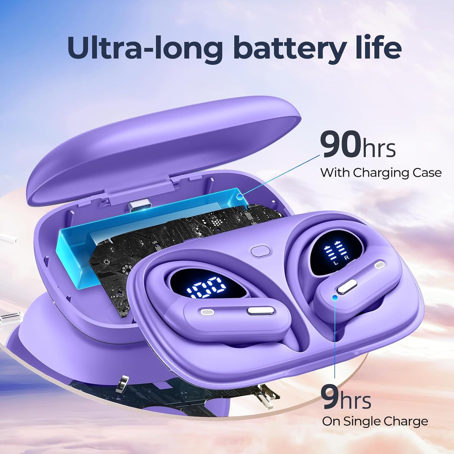 Wireless Earbuds Bluetooth 5.3 Headphones 90 Hrs Playtime Ear buds with Wireless Charging Case Power Display Over-ear Earphones with Earhooks Waterproof Stereo Headset for Android phone Workout Purple