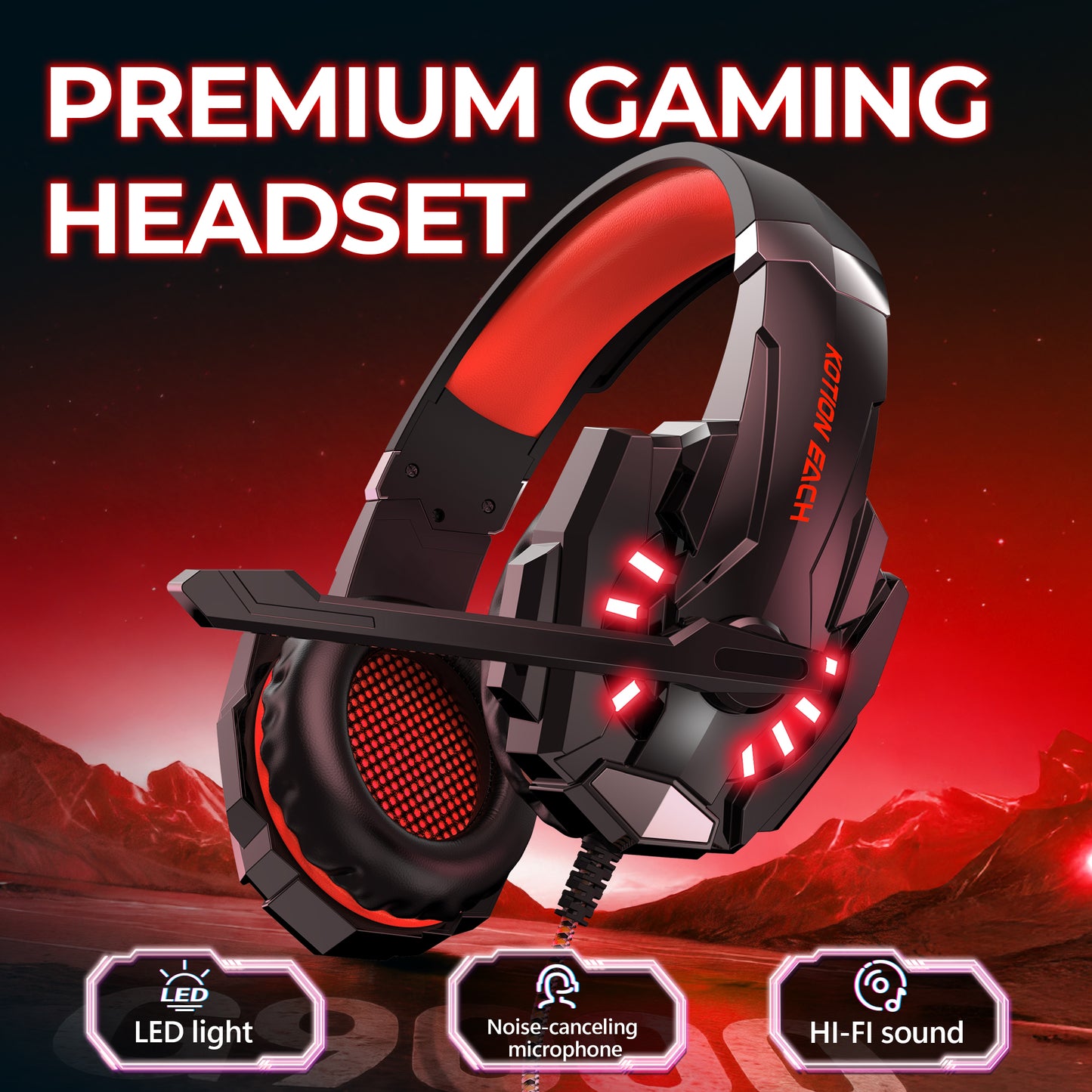 Gaming headset, over-ear design, RGB lighting, noise cancellation, long battery life, multi-device compatibility.