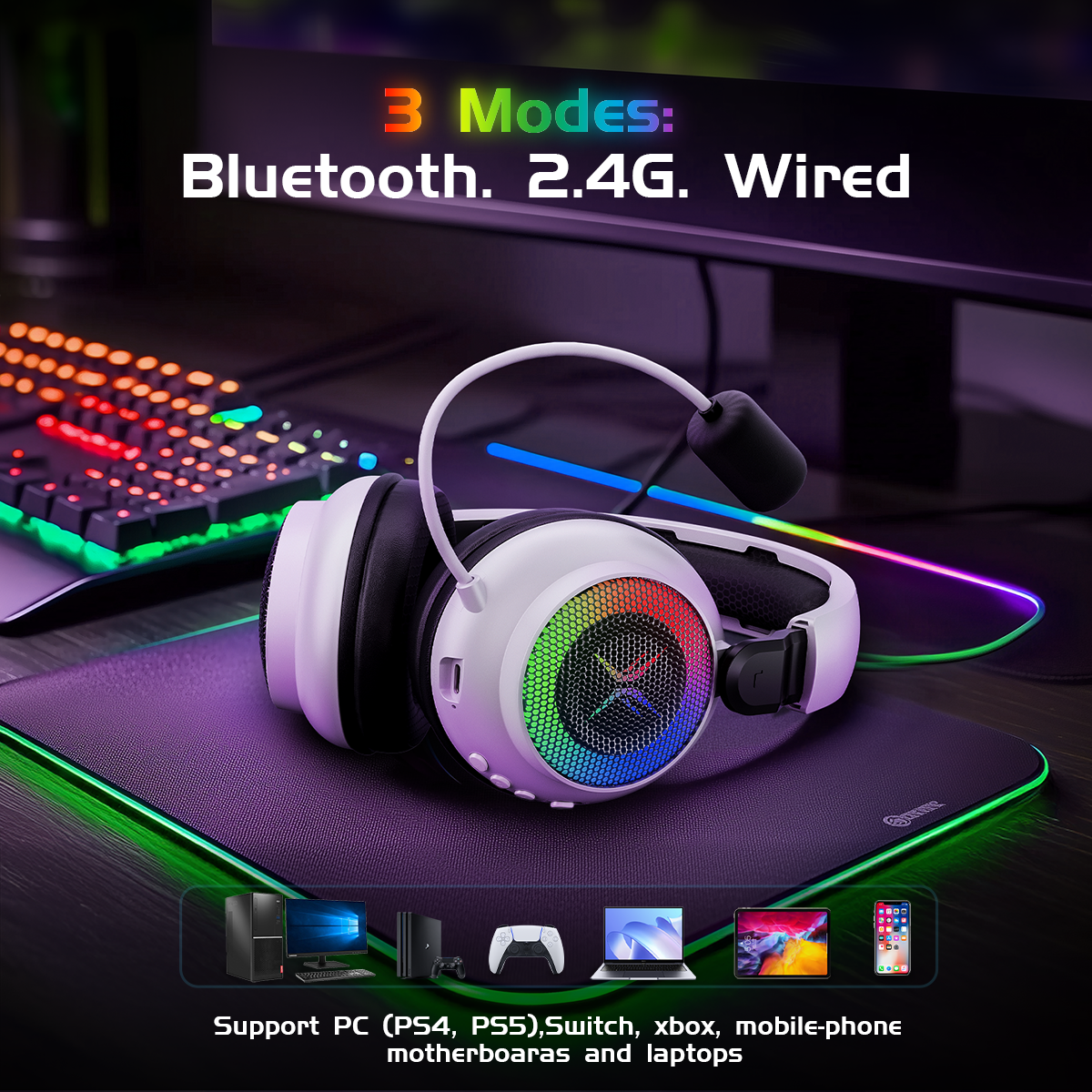 Tri-mode gaming headset, over-ear design, RGB lighting, noise cancellation, long battery life, multi-device compatibility.