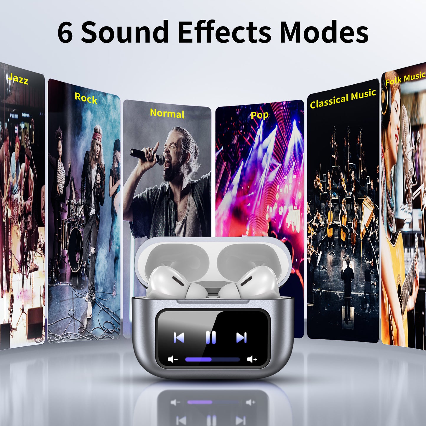 Wireless Bluetooth Touchscreen Earbuds,75H Bass Stereo Ear Buds with 6 EQ Modes,Multifunction LED Full Color Touchscreen Wireless Earphones with ENC Mic,ANC Noise Cancelling/Transparency Mode