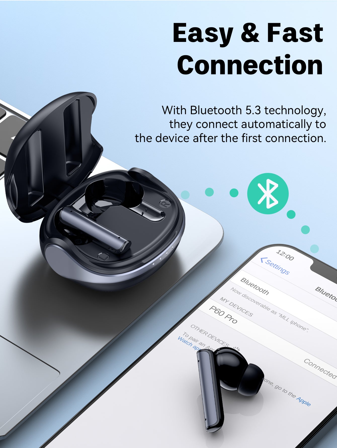 BMANI P60pro Noise Cancelling Earbuds Bluetooth 5.3 Headphones True Wireless Earbuds Touch Control with Wireless Charging Case in-Ear Earbuds with Mic for TV Smart Phone Computer Laptop