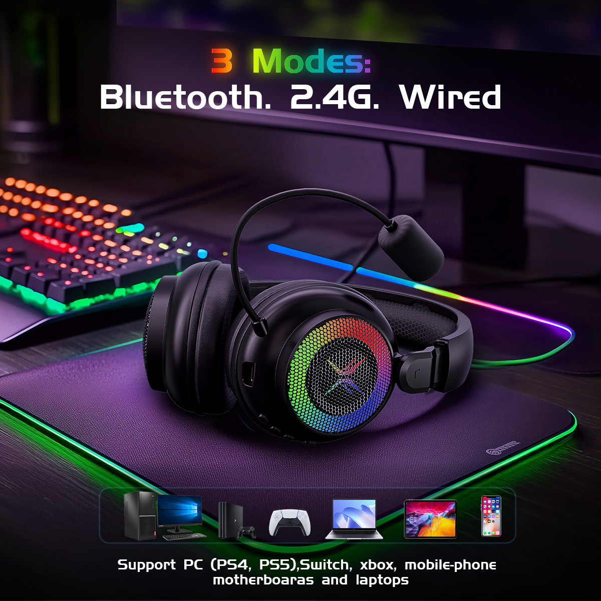 Tri-mode Gaming Headset, Over-ear Design, RGB Lighting, Noise Cancellation, Long Battery Life, ,Multi-Device Compatibility.