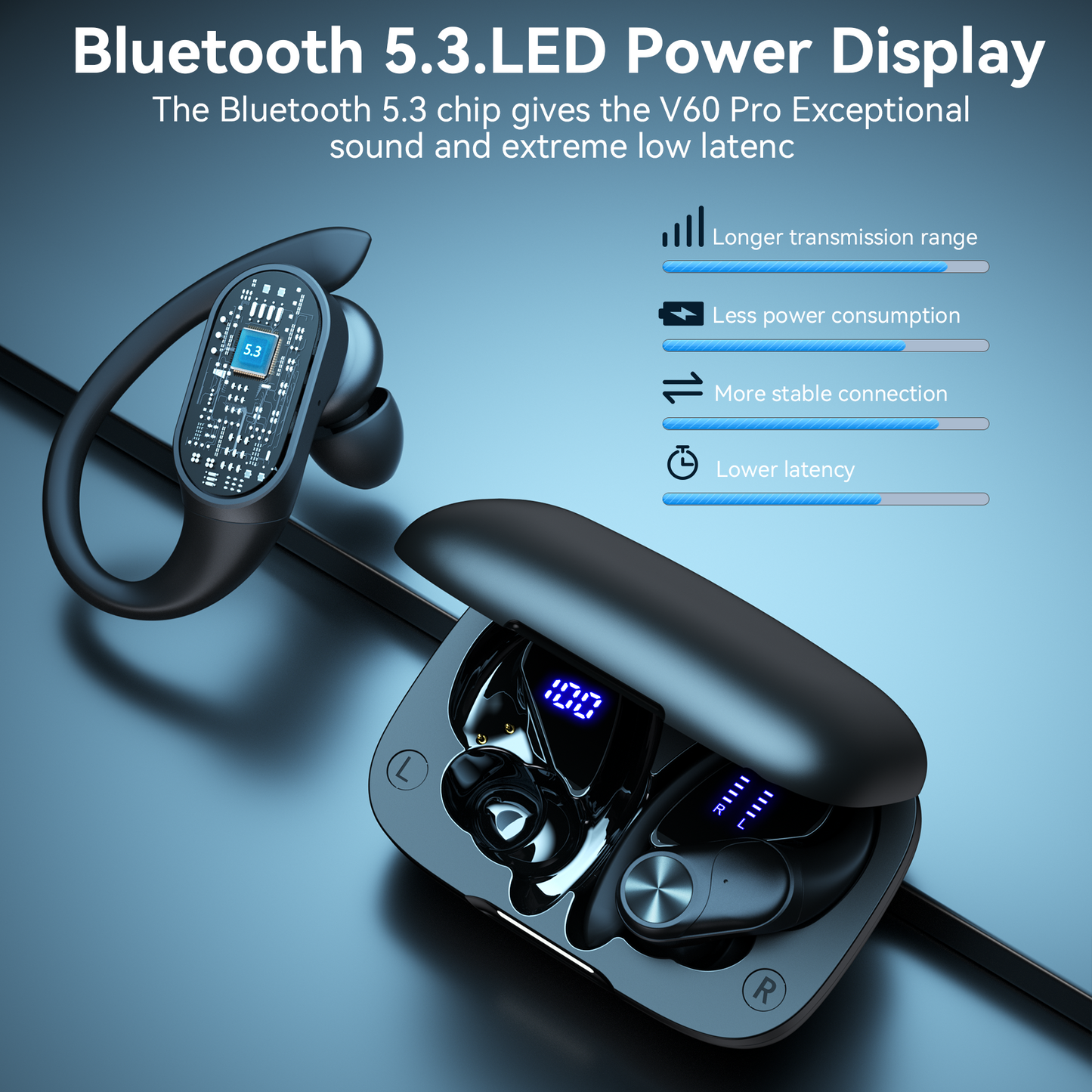 VEAT00L V6 Bluetooth Headphones Wireless Earbuds 88Hrs Playback Sport Ear Buds with Earhook Digital Display Charging Case IPX7 Waterproof Earbud Deep Bass Running Earphones for iOS Android Cellphone