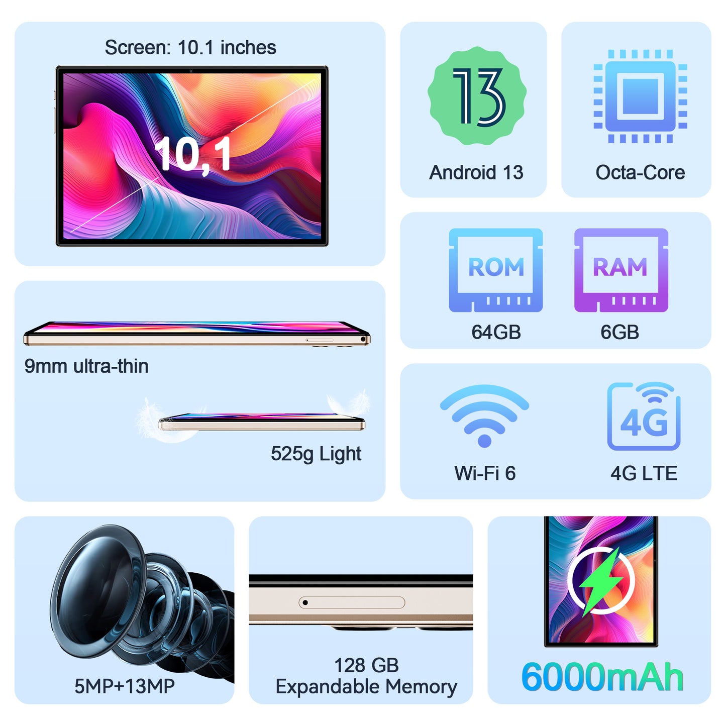 VEAT00L Tablet,10.1 inch Android 13 Tablets 2025,6GB RAM 64GB ROM 128GB Expand,Octa-Core Processor up with 5G WiFi,1280x800 IPS HD Touchscreen,6000mAh Battery, Bluetooth, Dual Camera, GMS