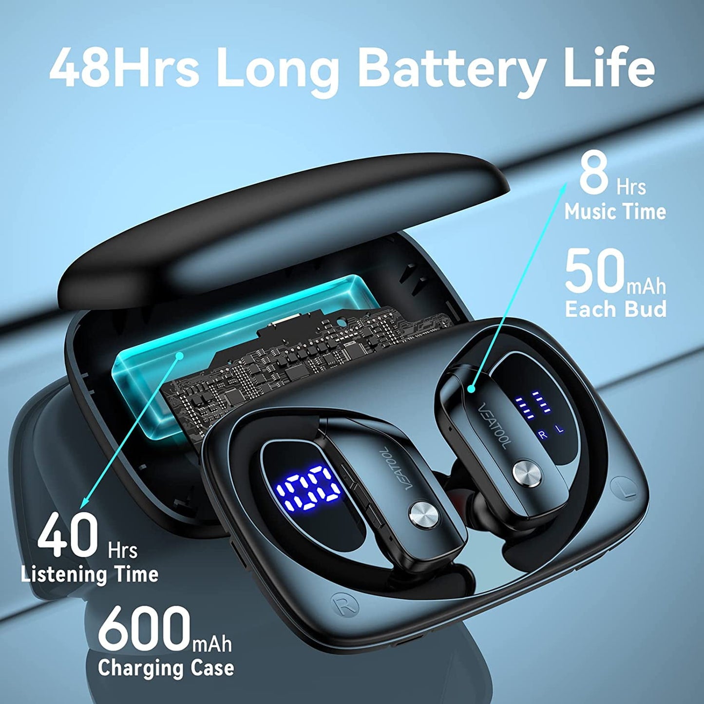 VEAT00L Wireless Earbuds Bluetooth Headphone Sport, Bluetooth 5.4 Earbud, 72Hrs Earphone with Earhook, Mic