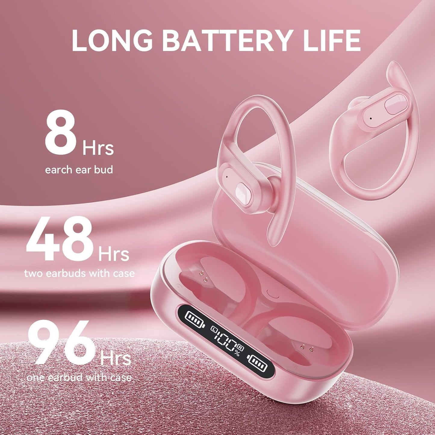 occiam Active Noise Cancelling Headphones Wireless Earbuds Bluetooth Ear Buds 96Hrs Playback HD Call Over-Ear Waterproof Earphones with Earhooks Microphones for Sport/Running/Workout Pink