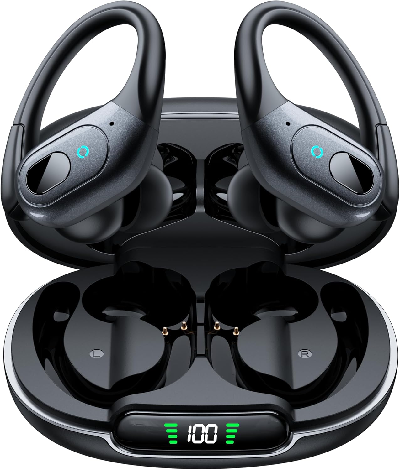 occiam Active Noise Cancelling Ear Buds Wireless Earbuds Bluetooth Headphones with 90Hrs Playback Stereo Bass Over-Ear Hooks IPX7 Waterproof Earphones for Sports Gym Running Workout Black