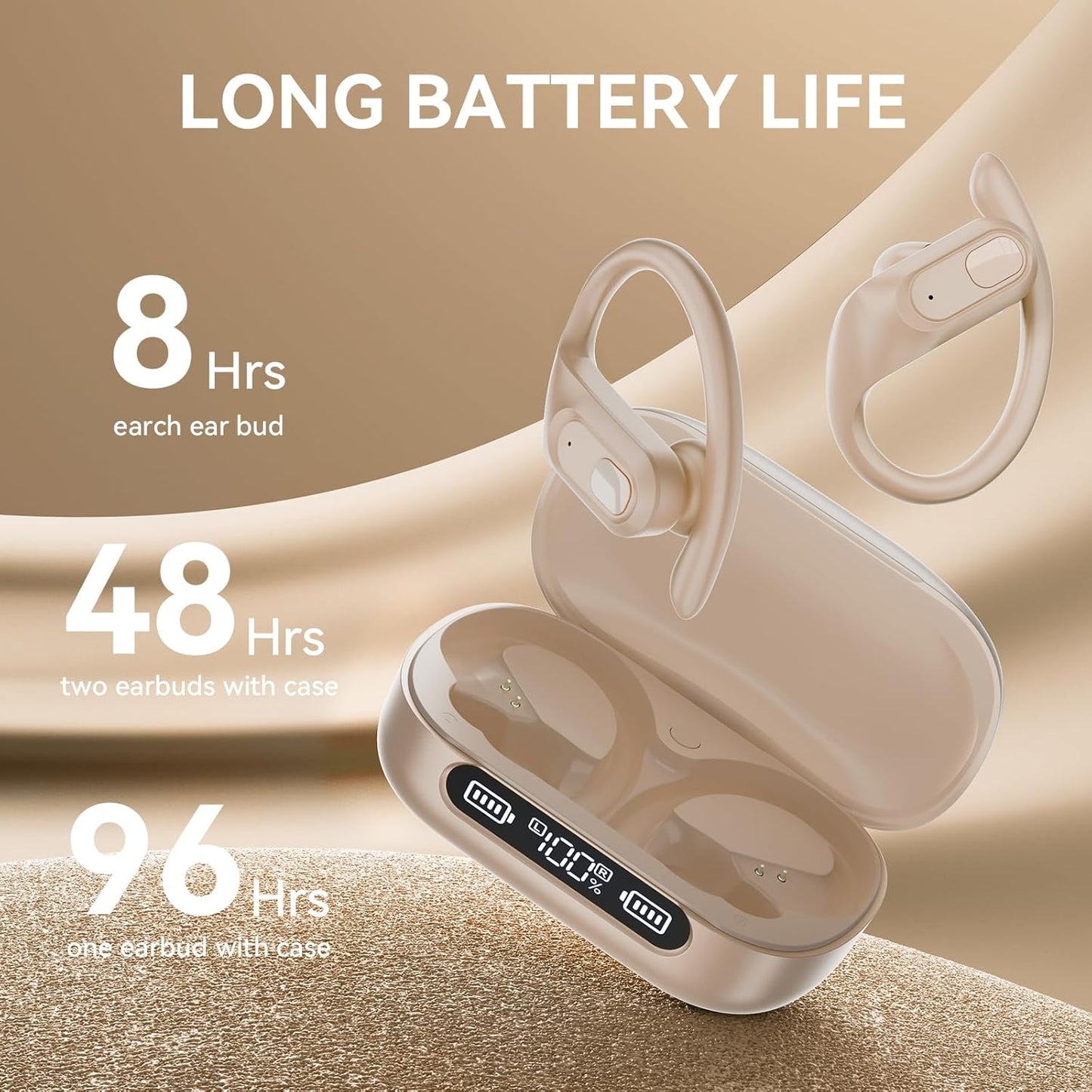 occiam Active Noise Cancelling Headphones Wireless Earbuds Bluetooth Ear Buds 96Hrs Playback HD Call Over-Ear Waterproof Earphones with Earhooks Microphones for Sport/Running/Workout Ivory