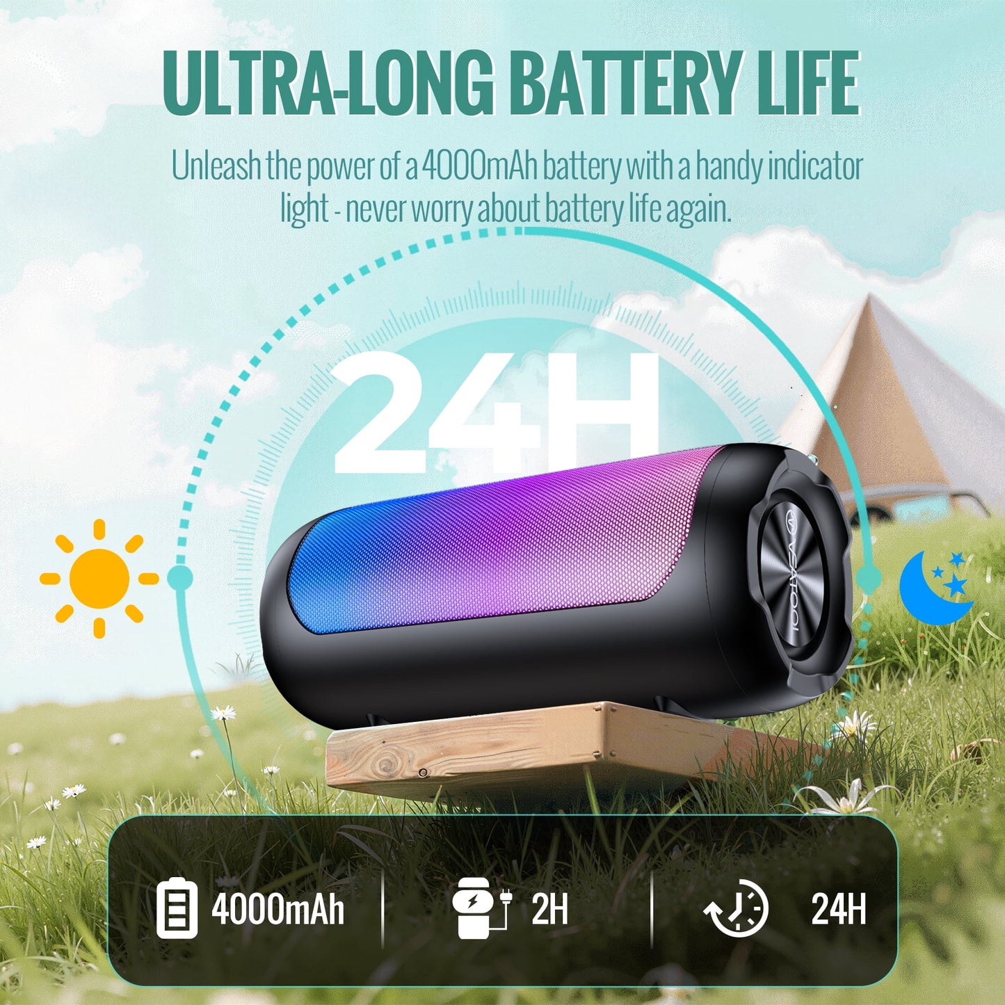 VEAT00L Portable Bluetooth Speaker,Floating Dustproof Speaker,25W Stereo Sound Wireless Speaker with Cool Dynamic LED Lights, IPX6 Waterproof Bluetooth Speakers, BT5.3, TWS Surround Pairing