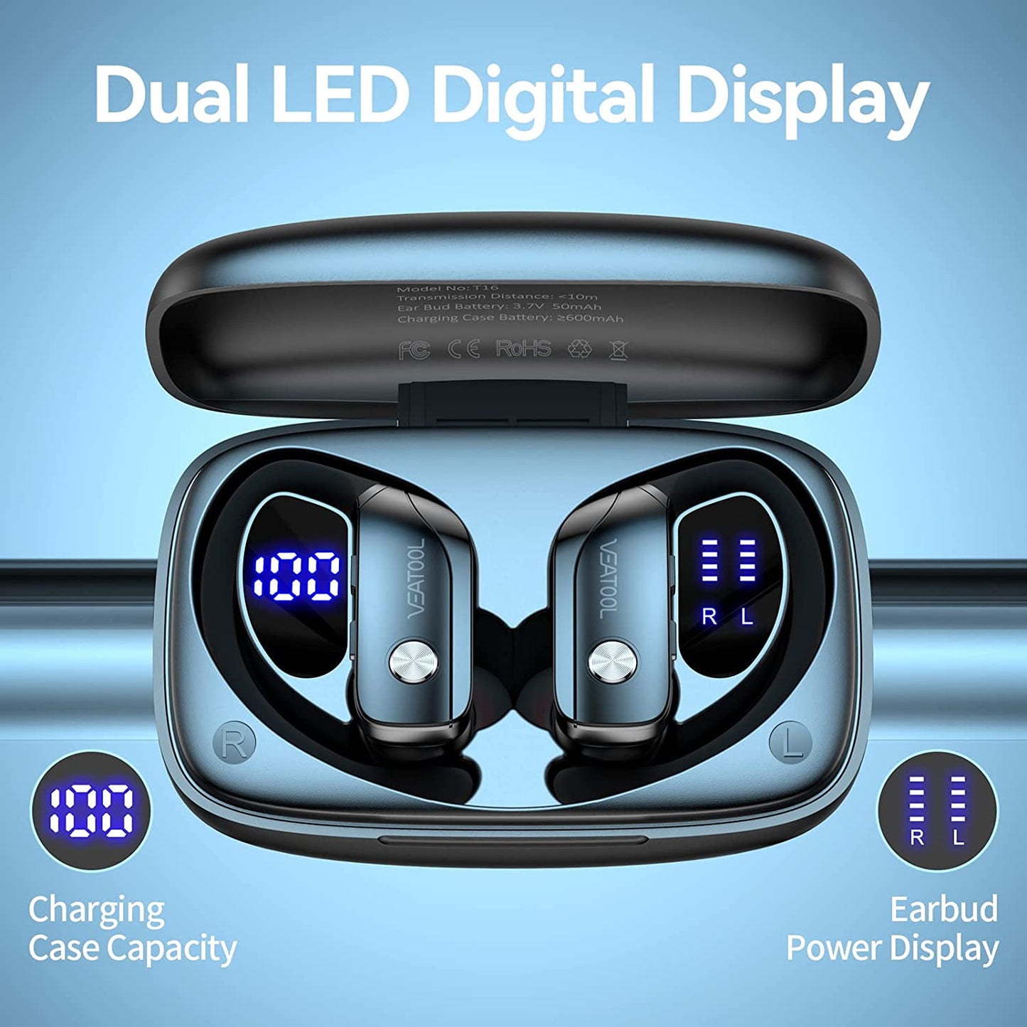 VEAT00L Wireless Earbuds Bluetooth Headphone Sport, Bluetooth 5.4 Earbud, 72Hrs Earphone with Earhook, Mic
