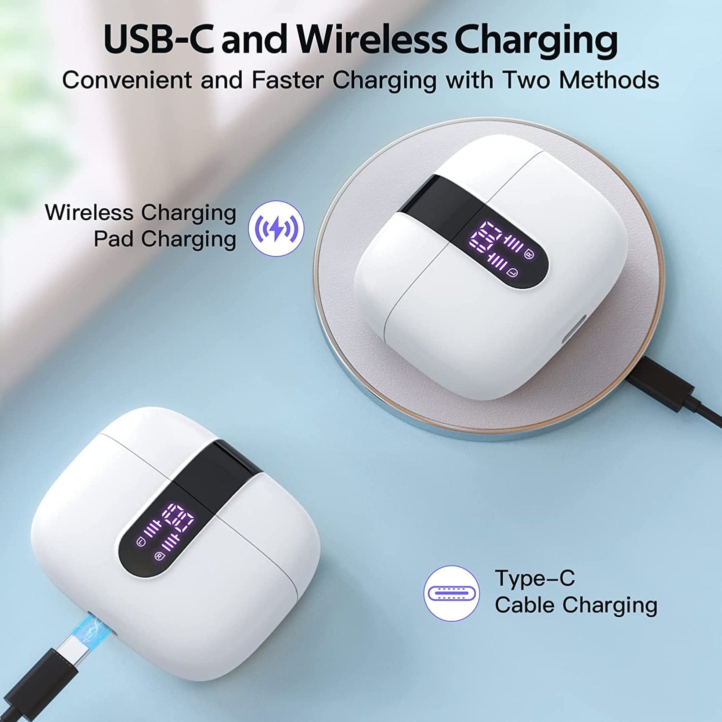 Wireless Earbuds Bluetooth 5.3 Headphones 90 Hrs Playtime Ear buds with Wireless Charging Case Power Display Over-ear Earphones with Earhooks Waterproof Stereo Headset for Android phone Light Green