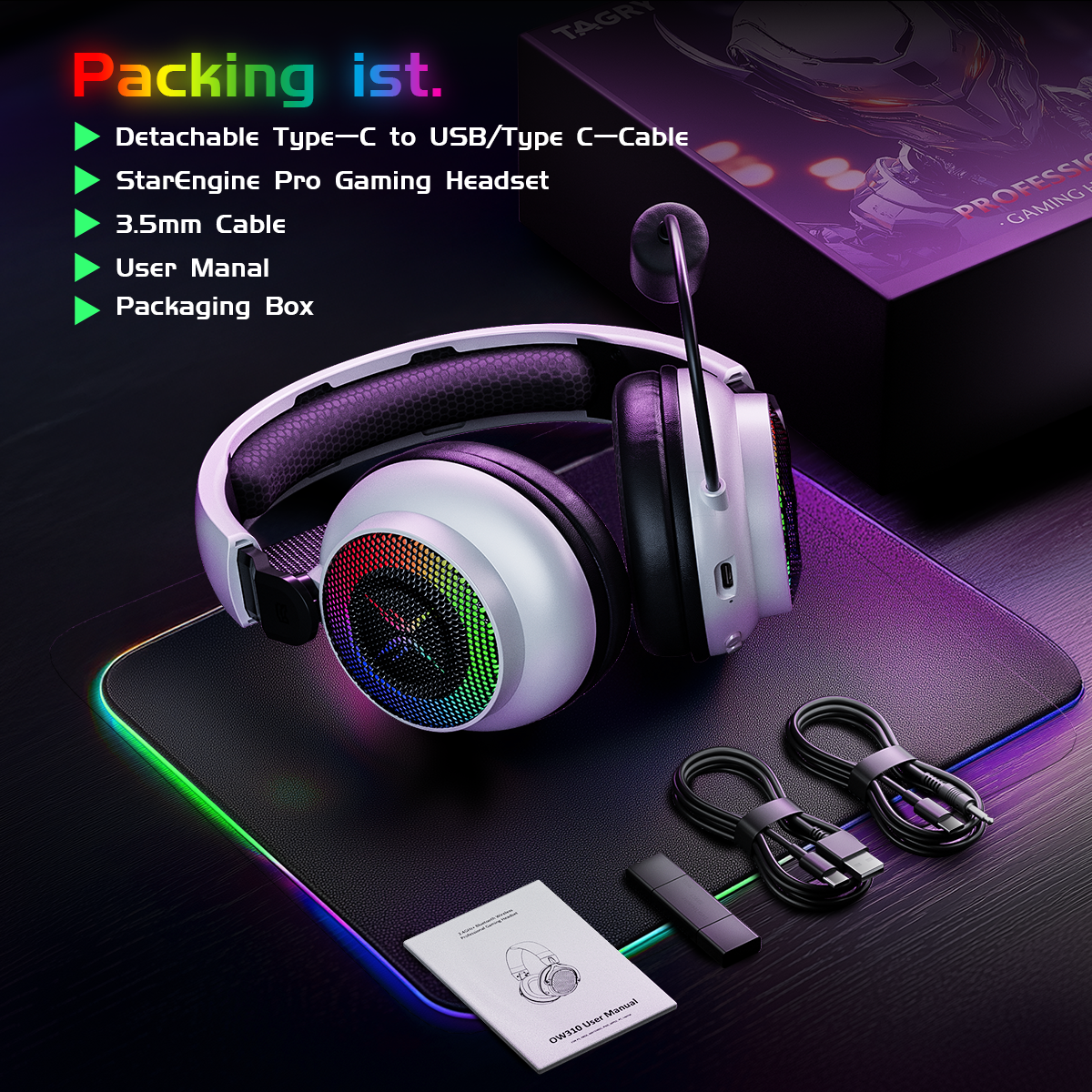 Tri-mode gaming headset, over-ear design, RGB lighting, noise cancellation, long battery life, multi-device compatibility.