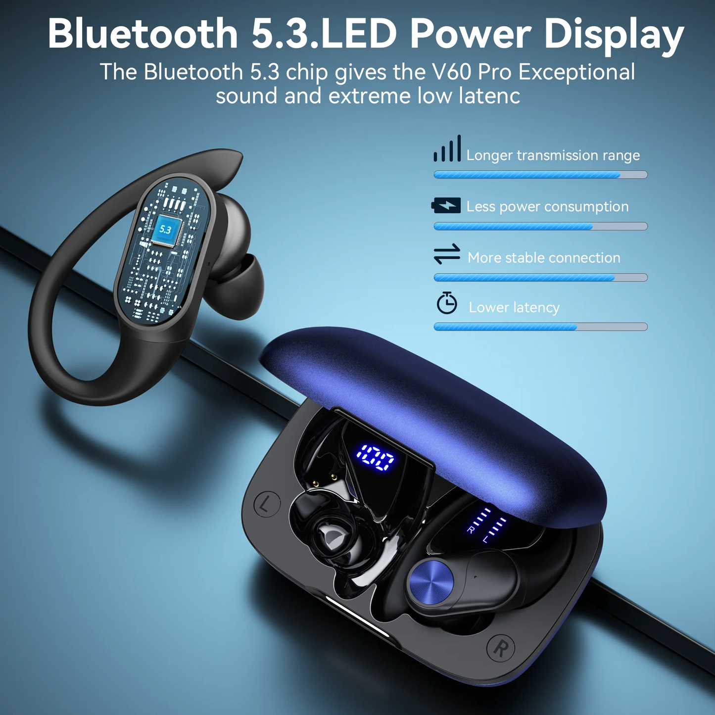 VEAT00L V6 Bluetooth Headphones Wireless Earbuds 88Hrs Playback Sport Ear Buds with Earhook Digital Display Charging Case IPX7 Waterproof Earbud Deep Bass Running Earphones for iOS Android Cellphone