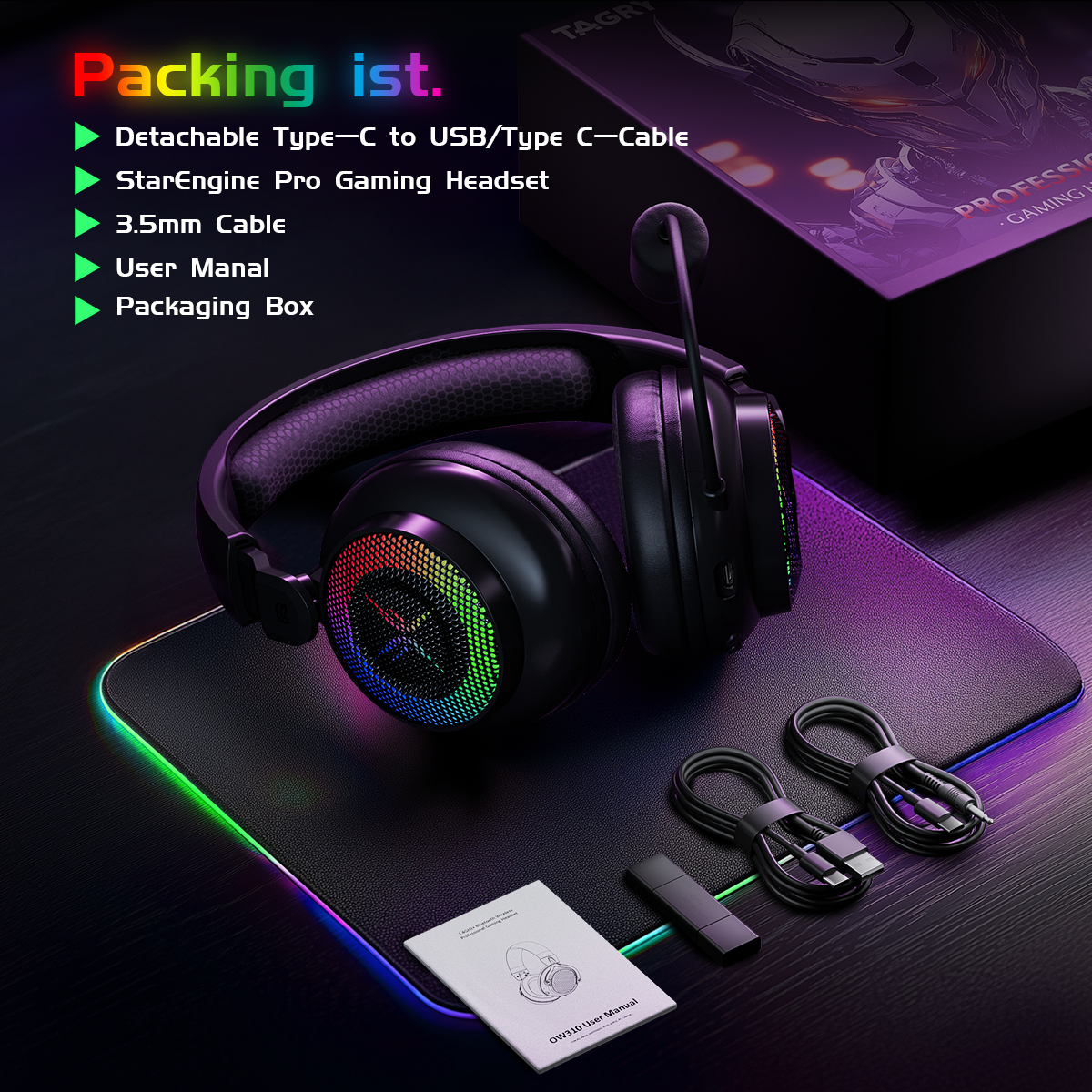 Tri-mode Gaming Headset, Over-ear Design, RGB Lighting, Noise Cancellation, Long Battery Life, ,Multi-Device Compatibility.