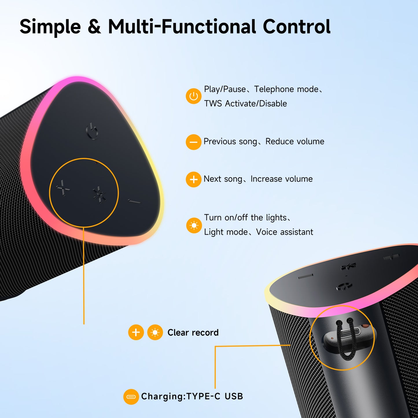 VEATOOL Portable Bluetooth Speaker, IPX5 Waterproof, Stereo Sound, 12H Playtime, Bluetooth 5.3, RGB Lights, Outdoor Speaker