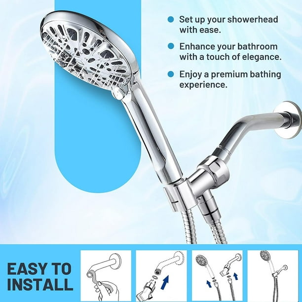 KDMLR 9 Functions Shower Head High Pressure Handheld Shower Head Luxury Modern Polished Chrome Look High Flow Bathroom Showerhead Set with 59" Hose Bracket Teflon Tape