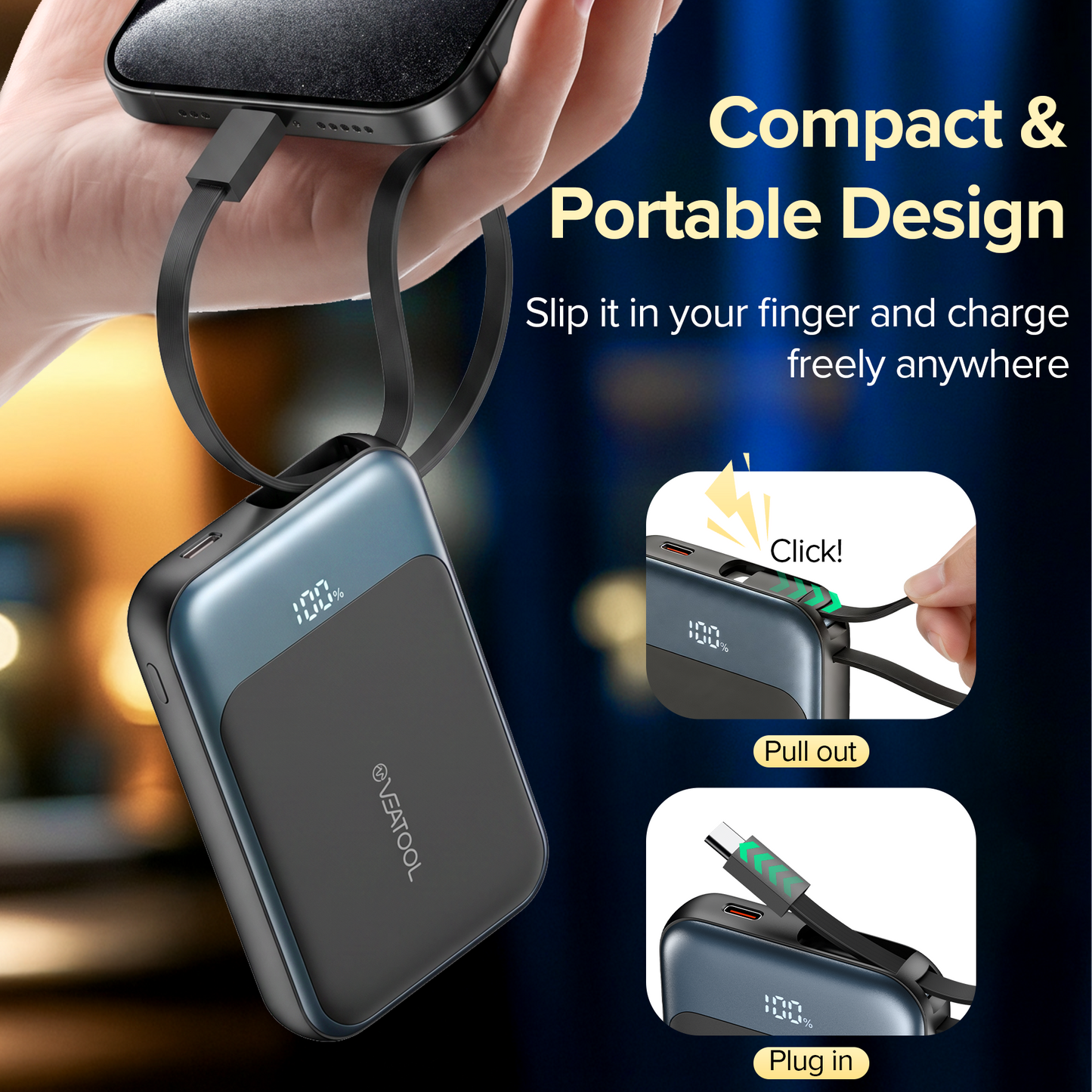 10,000mAh power bank supporting 1.5-hour fast charging; suitable for home backup, outdoor emergencies, and camping.