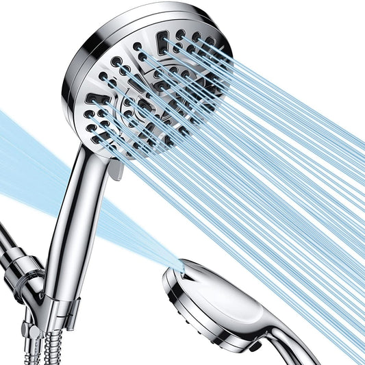 Handheld Shower Head, KDMLR 10-Mode 5.1”High Pressure Shower Head with Handheld (5 Ft Steel Long Hose/ Detachable Brass Holder/ Anti-Clog Nozzle) Built-in 2-Mode Power Wash Spray (2.5 GPM, Chrome)