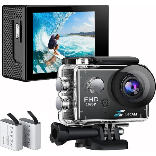 Action Camera 1080P 30fps WiFi Action Camera HD 2.0 Inch Action Camera 40m/131ft Underwater Waterproof Snorkel Surf Camera with 2 Batteries and Multi-Function Accessory (1080P)