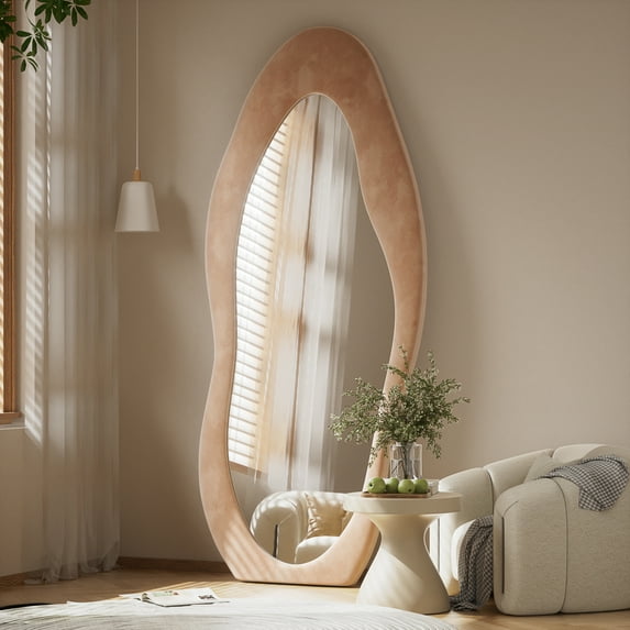 XANLUOER 63"x24" Full Length Mirror Irregular Cloud Floor Mirror With Flannel Frame, Light Brown