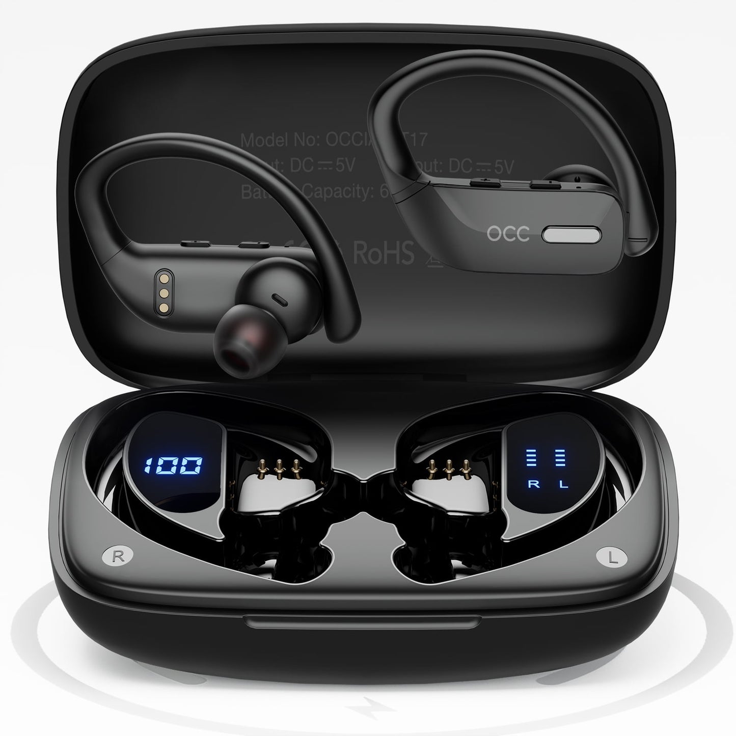Bluetooth Headphones Wireless Earbuds 48hrs Playback IPX5 Waterproof Earphones Over-Ear Stereo Bass Headset with Earhooks Microphone LED Battery Display for Sports/Workout/Gym Black