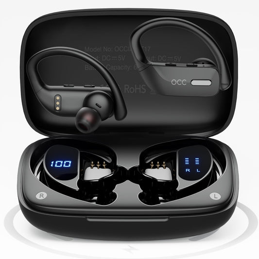 Bluetooth Headphones Wireless Earbuds 48hrs Playback IPX5 Waterproof Earphones Over-Ear Stereo Bass Headset with Earhooks Microphone LED Battery Display for Sports/Workout/Gym Black