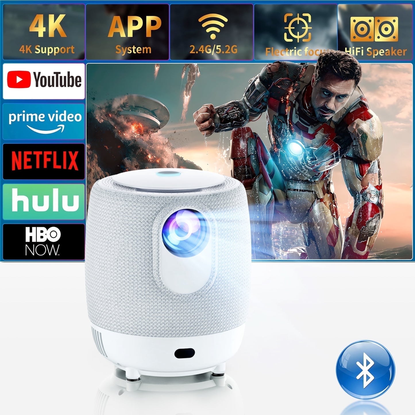 H9 Portable 4K Projector with WiFi 6 & Bluetooth, Electric Focus, 187" Display, for TV Stick/Phone, HDMI USB, Indoor Outdoor