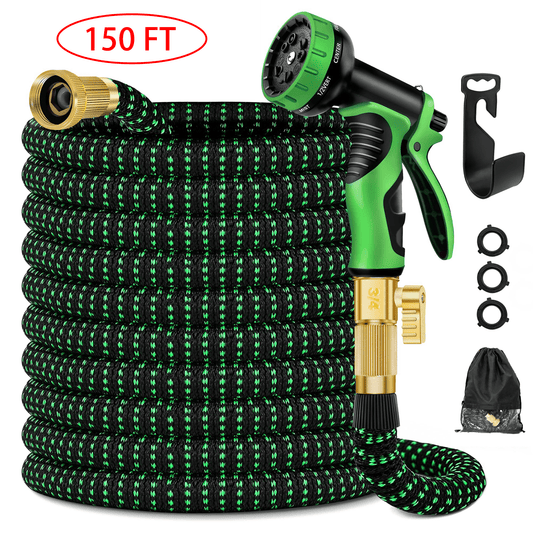 Expandable Garden Hose 150ft Upgraded,Flexible Lightweight Water Hose with 10 Way Spray Nozzle,Durable 4-Layer Latex Core,3/4” Solid Brass Fittings,Easy Store No Kink Leakproof Expanding Pipe