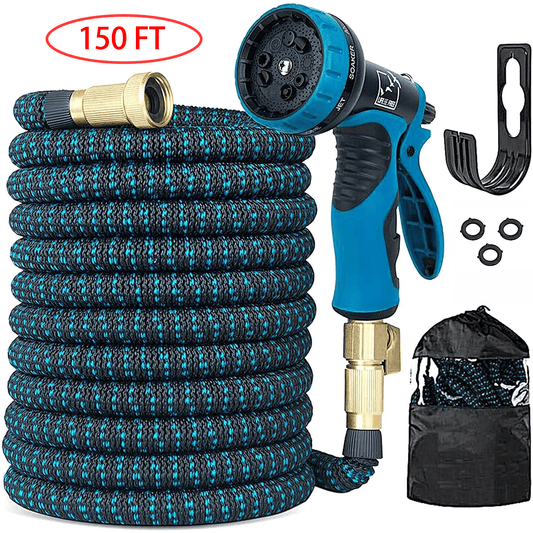 Expandable Garden Hose 150ft Upgraded,Flexible Lightweight Water Hose with 10 Way Spray Nozzle,Durable 4-Layer Latex Core,3/4” Solid Brass Fittings,Easy Store No Kink Leakproof Expanding Pipe