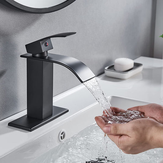 KDMLR Black Single Handle Deck Mounted Brass Waterfall Bathroom Faucet,Hot and Cold Water Mixer Tap Easy to install, suitable for bathroom, kitchen, and dressing table