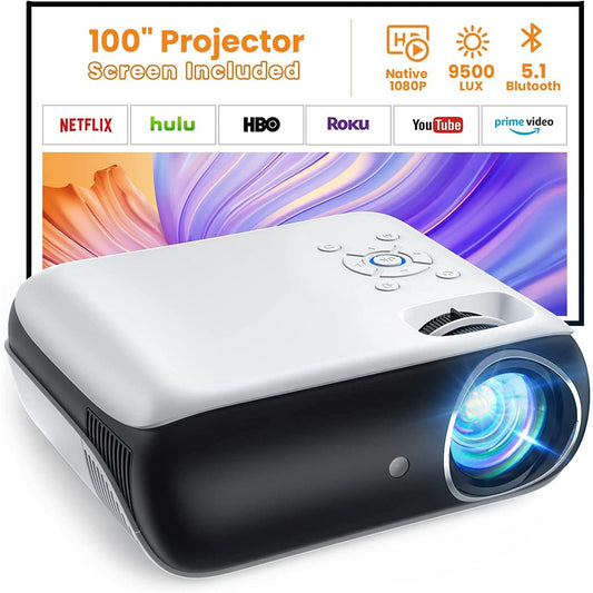KDMLR Projector, Native 1080P Bluetooth Projector with 100''Screen, 9500L Portable Outdoor Movie Projector Compatible with Smartphone, HDMI,USB,AV,Fire Stick, PS5