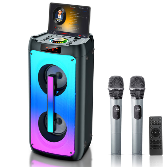 Karaoke Machine with 2 Wireless Karaoke Microphones, Portable Karaoke Speaker with Dual 4-inch woofers, omnidirectional Sound and RGB Colorful Light