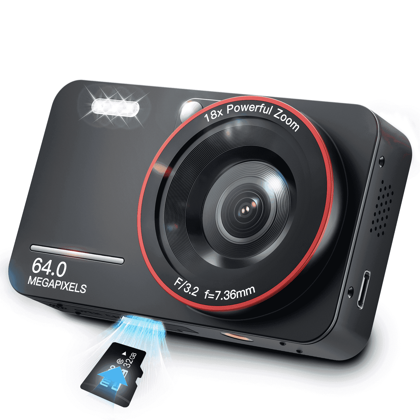 Losei 64MP 4K Digital Camera, 2.8" Screen, 18X Zoom, Anti-Shake, Retro Camera, Vlogging Camera for Kids, Teens, Seniors, with 32GB Card, Black