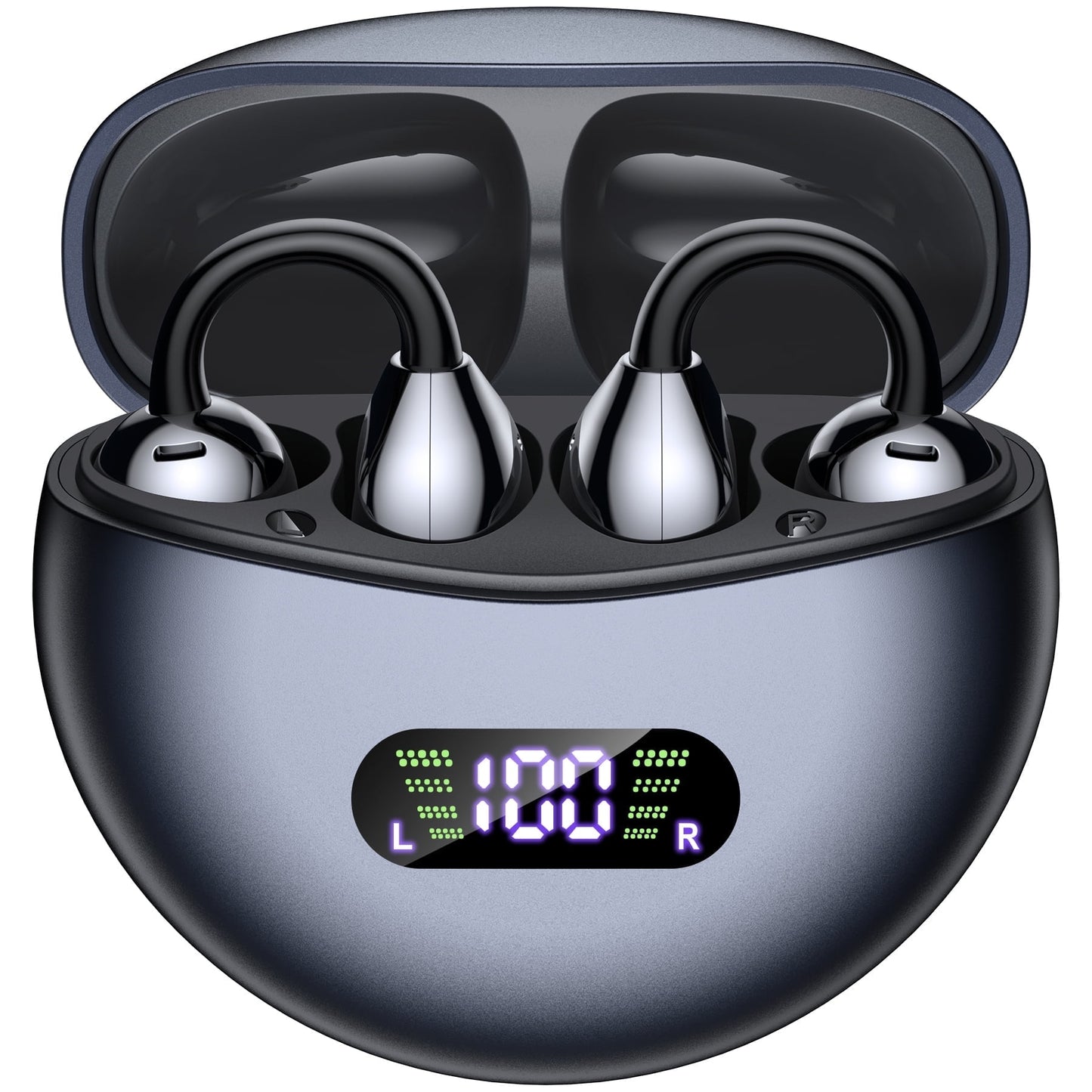 VEAT00L Open-Ear Headphones, Wireless Clip On Earbuds with Digital Display Charging Case 68 Hours Playtime, Lightweight Comfort, Stable Fit, Open-Ear Safety Design for Active and Office Use