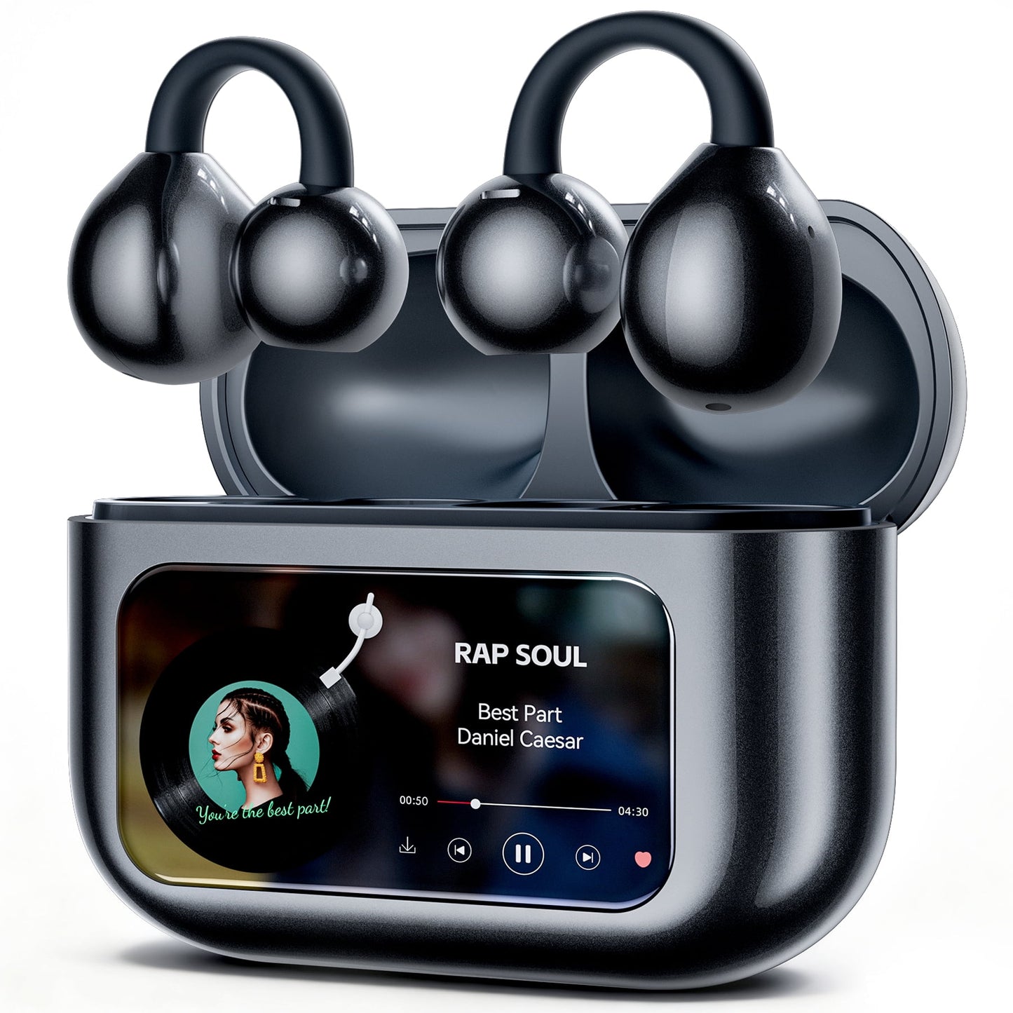 VEATo0L Open Ear Clip-On Earbuds, LCD Touch Screen,Bluetooth 5.4 Sports Earphones,ENC Call Noise Cancelling Earphones with Mic,Ear Clip Earbuds,Bass Boost,IPX7 Waterproof,60H Playtime,Lightweight