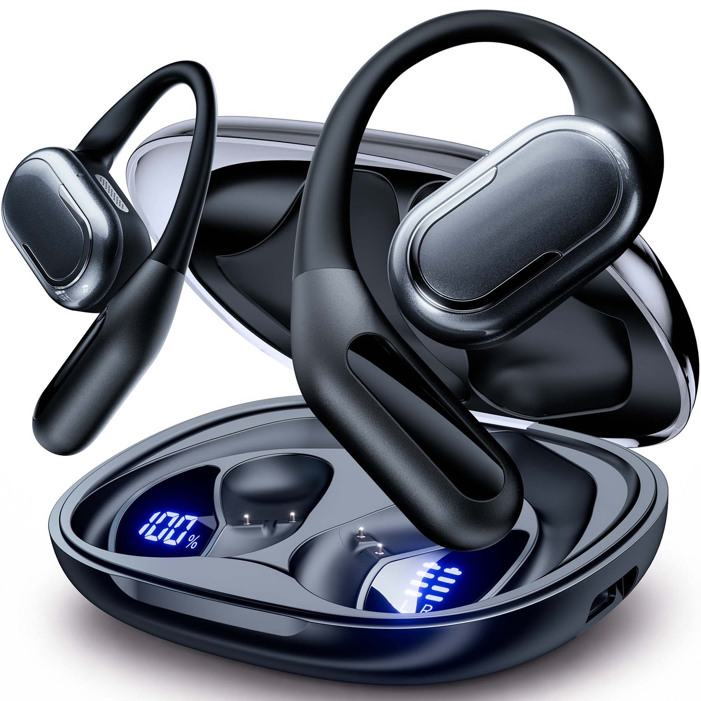 VEAT00L T5 Open Ear Headphones with Mic, Air Conduction Wireless Earbuds with LED Digital Display 40 Hrs Playtime,Clear Call ,Fast Charing,IPX7,Bluetooth 5.4 Open Ear Earbuds for Running, Workout