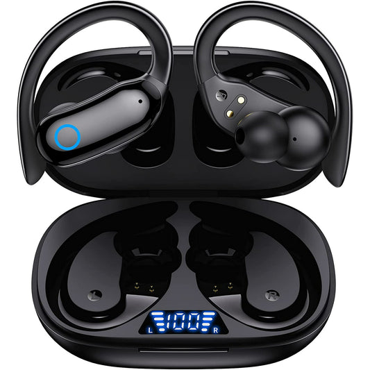TAGRY Bluetooth Headphones Wireless Earbuds 48hrs Playback IPX7 Waterproof Earphones Over-Ear Stereo Bass Headset with Earhooks Microphone LED Battery Display for Sports/Workout/Gym Black