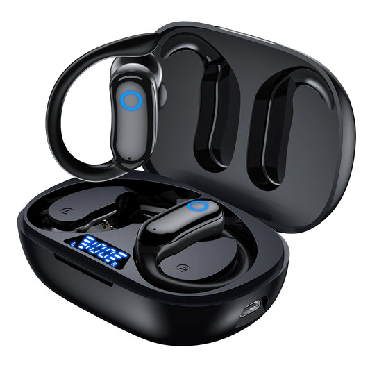 VEAT00L Bluetooth Headphones Wireless Earbuds 48hrs Playback IPX7 Waterproof Earphones Over-Ear Stereo Bass Headset with Earhooks Microphone LED Battery Display for Sports/Workout/Gym Black