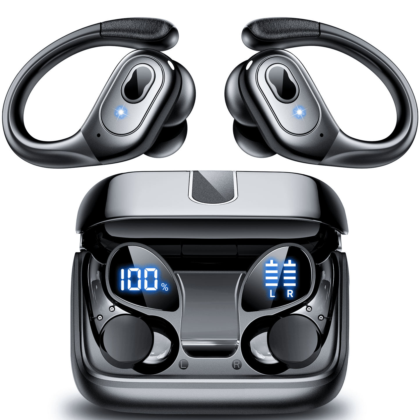 VEAT00L Headphones Wireless Earbuds Sport, Bluetooth 5.3 Over Ear Buds Stereo Deep Bass Headset with Earhooks, 80H Dual LED Display Wireless Earphones with ENC Noise Canceling Mic,for Running/Workout