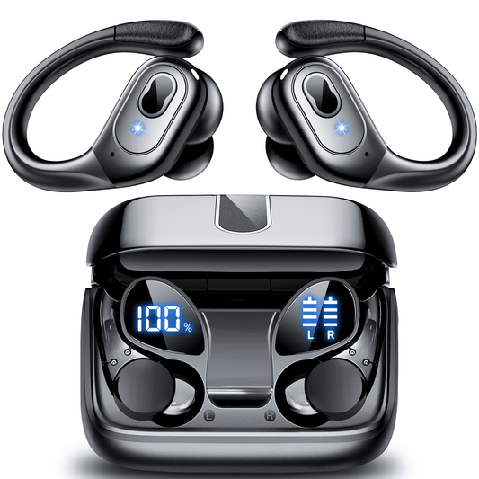 VEAT00L Headphones Wireless Earbuds Sport, Bluetooth 5.3 Over Ear Buds Stereo Deep Bass Headset with Earhooks, 80H Dual LED Display Wireless Earphones with ENC Noise Canceling Mic,for Running/Workout