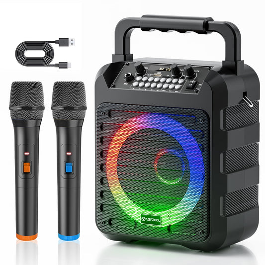 VEATOOL Karaoke Machine, Portable Bluetooth Speaker with 2 Wireless Microphones, PA System for Adults Kids with LED Lights, Supports REC/AUX/USB/TF for Home Party