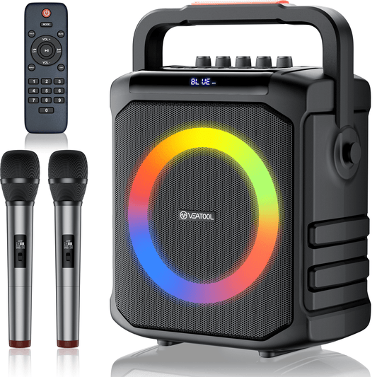 VEATOOL Karaoke Machine with Two Wireless Microphones, Portable Bluetooth Speaker with Bass/Treble Adjustment, PA System with Remote Control, Supports TF Card/USB, AUX in, REC, Party/Meeting/Outdoor