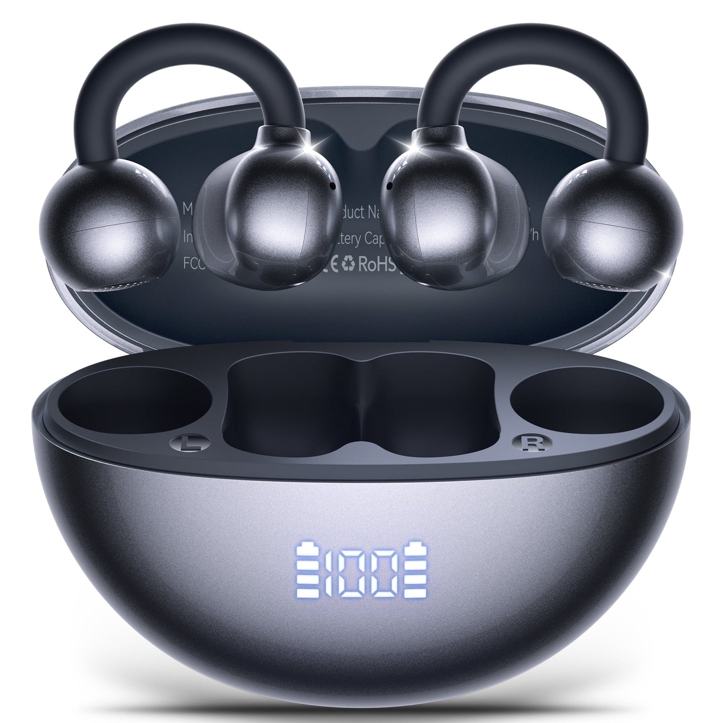 VEATOOL Clip On Earbuds,Bluetooth 5.4 Lightweight Comfort Bone Conduction Open Ear Headphones with LED Digital Display,Noise Cancelling Headphones, IPX7 Suitable for Small Ears and Eyeglass Wearers