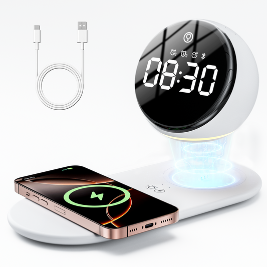 VEATOOL Digital Alarm Clock,15W Fast Wireless Charger,Bluetooth Speaker,Night Lights,20 White Noise Sounds,3 Level Dimmable Touch Table Lamp with Snooze,Gift Ideas for Teens Heavy Sleepers Adults